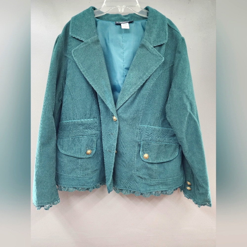 Pyramid Collection 1X Corduroy Dark Green Blazer Jacket Brass Buttons Lace